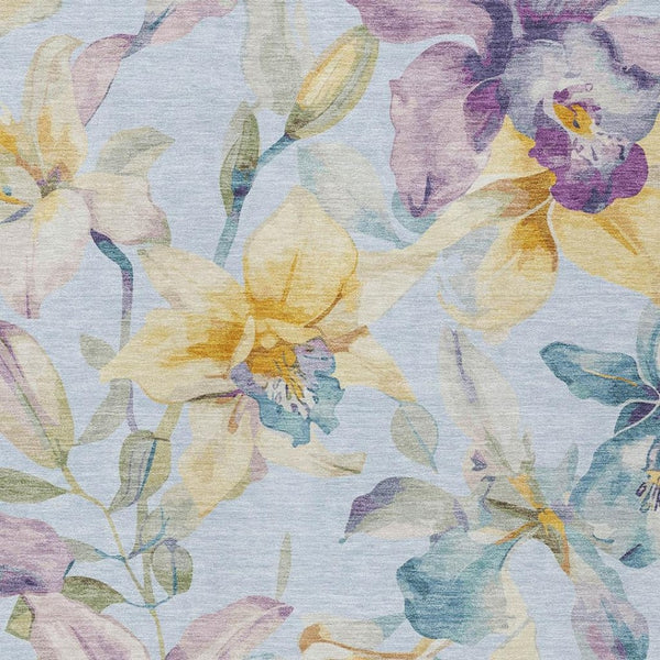 HomeRoots 8' Sky Blue Floral Area Rug - Durable, Washable, Indoor/Outdoor Carpet with Gold & Lavender Accents 640957