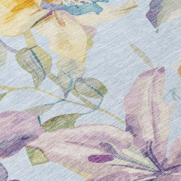 HomeRoots 8' Sky Blue Floral Area Rug - Durable, Washable, Indoor/Outdoor Carpet with Gold & Lavender Accents 640957