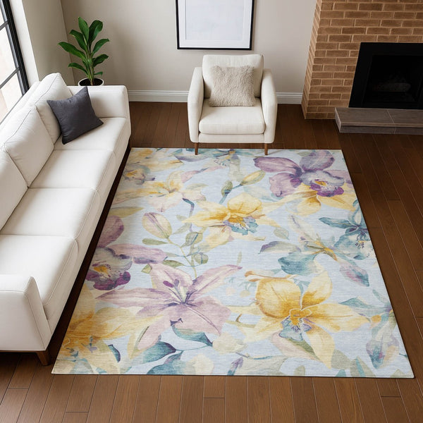 HomeRoots 8' Sky Blue Floral Area Rug - Durable, Washable, Indoor/Outdoor Carpet with Gold & Lavender Accents 640957