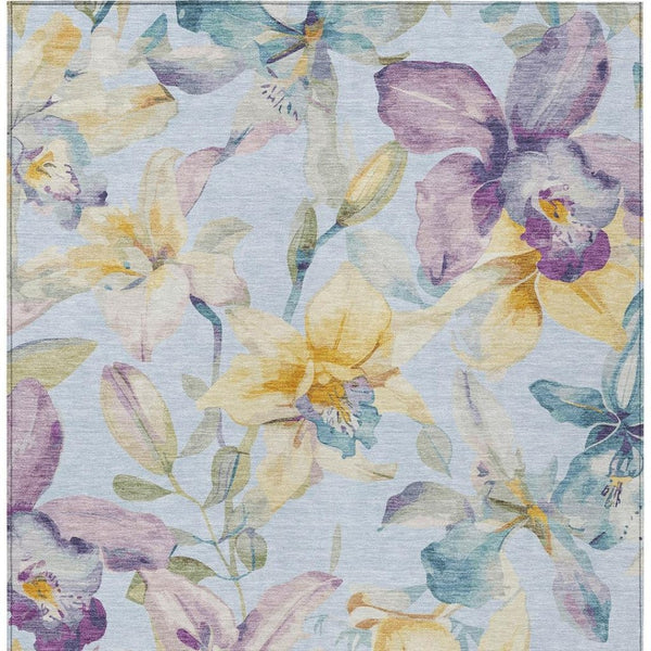 HomeRoots 9' X 12' Sky Blue Gold Lavender Floral Washable Area Rug for Indoor Outdoor High-Traffic Spaces 640958