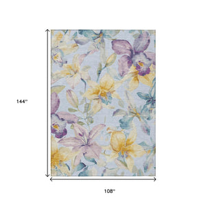 HomeRoots 9' X 12' Sky Blue Gold Lavender Floral Washable Area Rug for Indoor Outdoor High-Traffic Spaces 640958