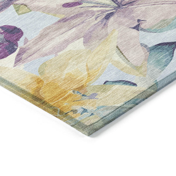 HomeRoots 9' X 12' Sky Blue Gold Lavender Floral Washable Area Rug for Indoor Outdoor High-Traffic Spaces 640958