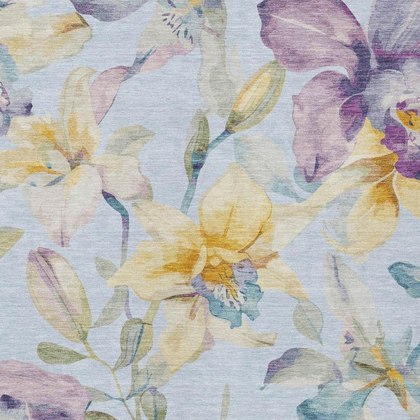 HomeRoots 9' X 12' Sky Blue Gold Lavender Floral Washable Area Rug for Indoor Outdoor High-Traffic Spaces 640958