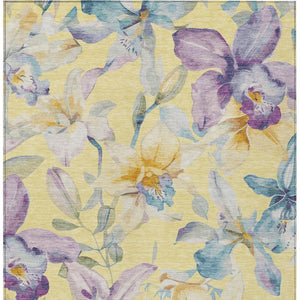 HomeRoots 5' Yellow Gold & Lavender Floral Washable Rug - Durable, Stylish for Indoor & Outdoor Spaces! 640961