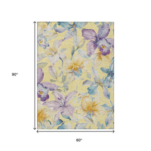 HomeRoots 5' Yellow Gold & Lavender Floral Washable Rug - Durable, Stylish for Indoor & Outdoor Spaces! 640961