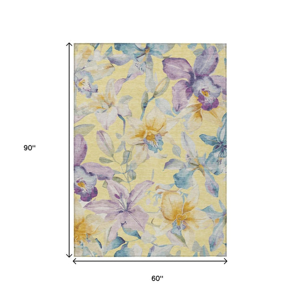 HomeRoots 5' Yellow Gold & Lavender Floral Washable Rug - Durable, Stylish for Indoor & Outdoor Spaces! 640961