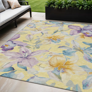 HomeRoots 5' Yellow Gold & Lavender Floral Washable Rug - Durable, Stylish for Indoor & Outdoor Spaces! 640961