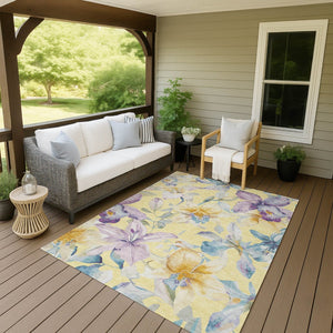 HomeRoots 5' Yellow Gold & Lavender Floral Washable Rug - Durable, Stylish for Indoor & Outdoor Spaces! 640961