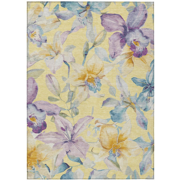 HomeRoots 5' Yellow Gold & Lavender Floral Washable Rug - Durable, Stylish for Indoor & Outdoor Spaces! 640961