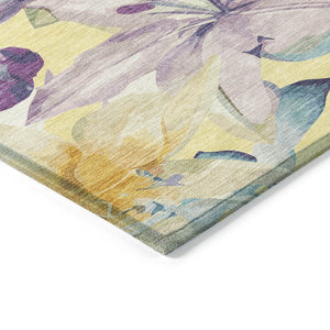 HomeRoots 5' Yellow Gold & Lavender Floral Washable Rug - Durable, Stylish for Indoor & Outdoor Spaces! 640961