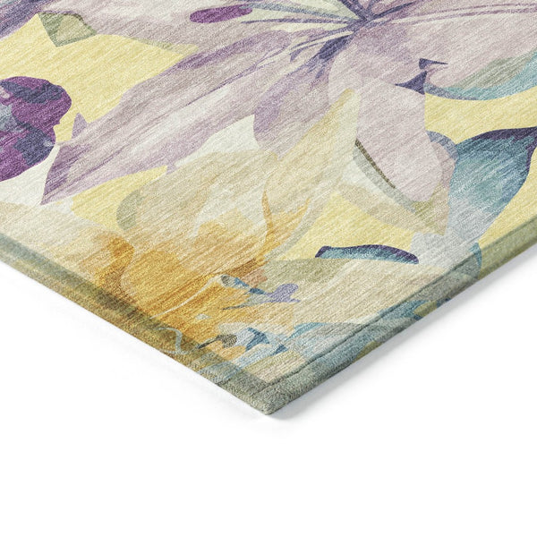 HomeRoots 5' Yellow Gold & Lavender Floral Washable Rug - Durable, Stylish for Indoor & Outdoor Spaces! 640961