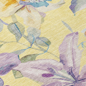 HomeRoots 5' Yellow Gold & Lavender Floral Washable Rug - Durable, Stylish for Indoor & Outdoor Spaces! 640961