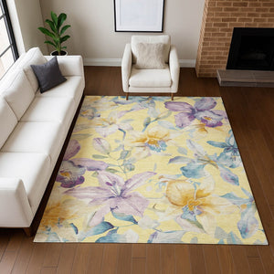 HomeRoots 5' Yellow Gold & Lavender Floral Washable Rug - Durable, Stylish for Indoor & Outdoor Spaces! 640961