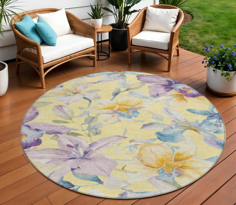 HomeRoots 8' Yellow Gold & Lavender Round Floral Rug - Stylish, Washable Indoor/Outdoor Area Accent for Any Space 640962