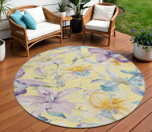 HomeRoots 8' Yellow Gold & Lavender Round Floral Rug - Stylish, Washable Indoor/Outdoor Area Accent for Any Space 640962