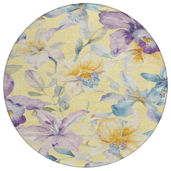 HomeRoots 8' Yellow Gold & Lavender Round Floral Rug - Stylish, Washable Indoor/Outdoor Area Accent for Any Space 640962