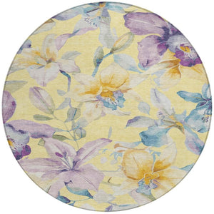 HomeRoots 8' Yellow Gold & Lavender Round Floral Rug - Stylish, Washable Indoor/Outdoor Area Accent for Any Space 640962