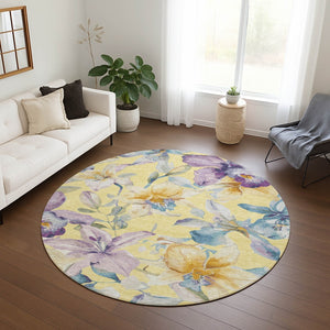 HomeRoots 8' Yellow Gold & Lavender Round Floral Rug - Stylish, Washable Indoor/Outdoor Area Accent for Any Space 640962