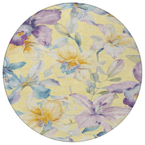 HomeRoots 8' Yellow Gold & Lavender Round Floral Rug - Stylish, Washable Indoor/Outdoor Area Accent for Any Space 640962