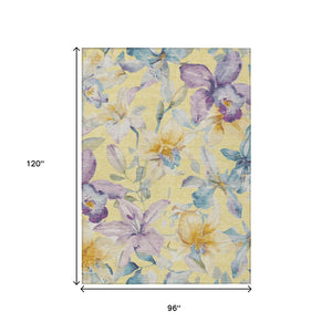 HomeRoots 8' Indoor Outdoor Floral Area Rug - Yellow Gold & Lavender, Washable, Durable, Stylish & Versatile 640963