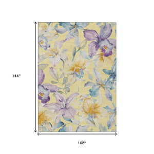 HomeRoots 9' X 12' Washable Yellow Gold & Lavender Floral Area Rug for Indoor & Outdoor High-Traffic Areas 640964