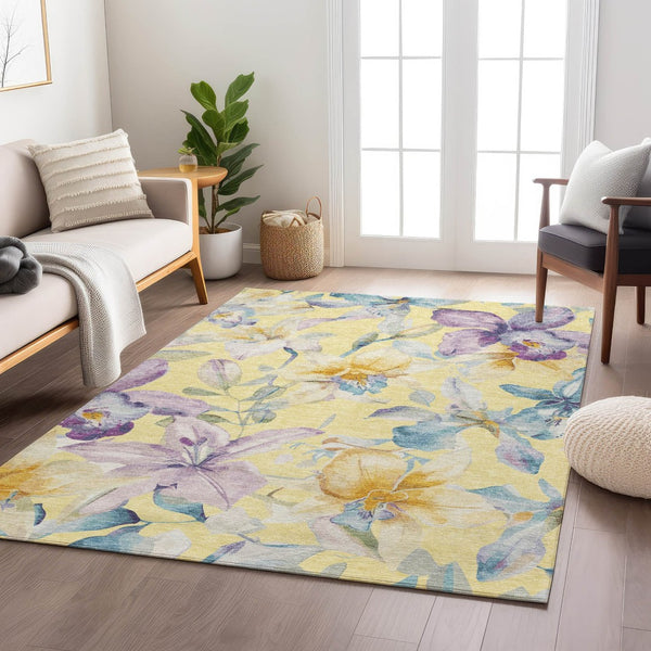 HomeRoots 9' X 12' Washable Yellow Gold & Lavender Floral Area Rug for Indoor & Outdoor High-Traffic Areas 640964