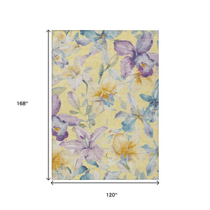 HomeRoots 10' X 14' Elegant Yellow Gold & Lavender Floral Area Rug - Durable, Washable for Indoor/Outdoor Use! 640965