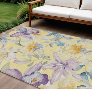 HomeRoots 10' X 14' Elegant Yellow Gold & Lavender Floral Area Rug - Durable, Washable for Indoor/Outdoor Use! 640965