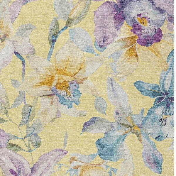 HomeRoots 10' X 14' Elegant Yellow Gold & Lavender Floral Area Rug - Durable, Washable for Indoor/Outdoor Use! 640965