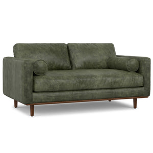 HomeRoots 72" Moss Green Leather Sofa with Brown Legs – Mid-Century Modern Style, Sleek Comfort for Living Room 640966
