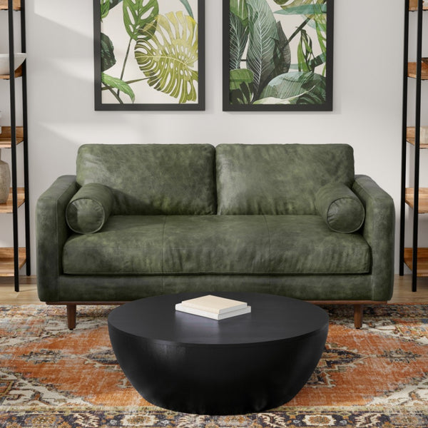 HomeRoots 72" Moss Green Leather Sofa with Brown Legs – Mid-Century Modern Style, Sleek Comfort for Living Room 640966