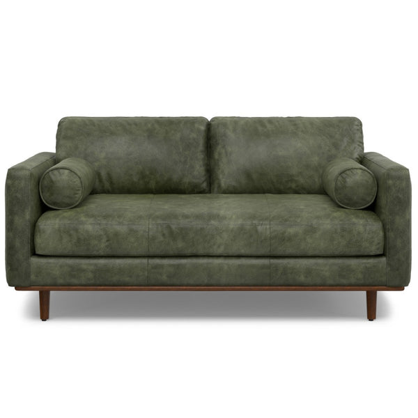 HomeRoots 72" Moss Green Leather Sofa with Brown Legs – Mid-Century Modern Style, Sleek Comfort for Living Room 640966