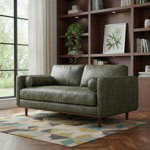 HomeRoots 72" Moss Green Leather Sofa with Brown Legs – Mid-Century Modern Style, Sleek Comfort for Living Room 640966