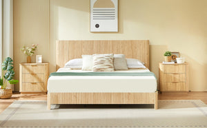 English Elm Queen Bed Frame with Led Lighting Curved Groove Panels and Floating Base Modern Bedroom W1820S00067
