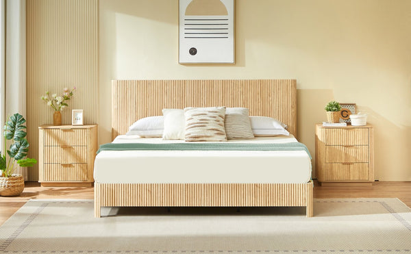 English Elm Queen Bed Frame with Led Lighting Curved Groove Panels and Floating Base Modern Bedroom W1820S00067