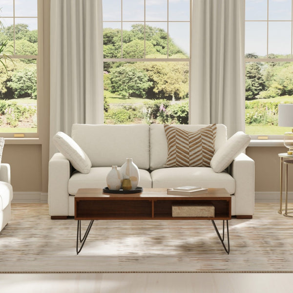 HomeRoots 78" Cream Fabric Sofa - Modern Elegance with Tufted Back, Brown Legs, Perfect for Small Spaces! 640968