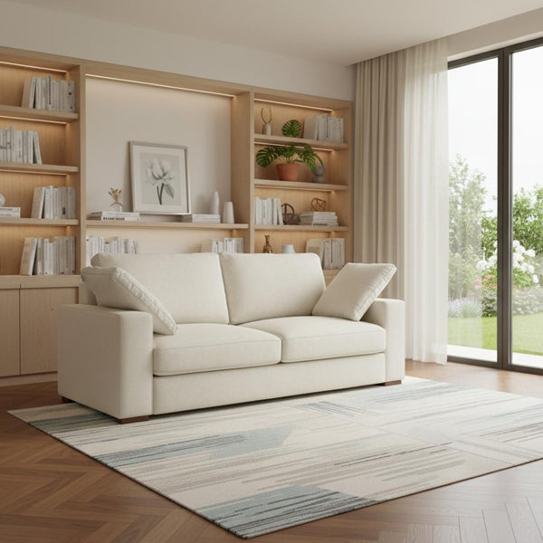 HomeRoots 78" Cream Fabric Sofa - Modern Elegance with Tufted Back, Brown Legs, Perfect for Small Spaces! 640968