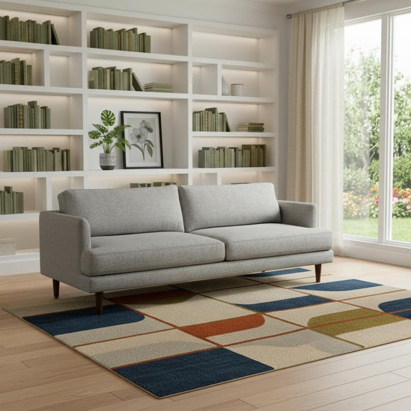 HomeRoots 90" Gray Fabric Sofa with Brown Legs - Mid-Century Modern Elegance, Cozy Comfort, and Durable Style 640969