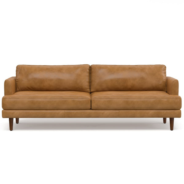 HomeRoots 90" Sienna Leather Sofa - Mid-Century Modern Design with Brown Legs for Timeless Comfort & Style 640970
