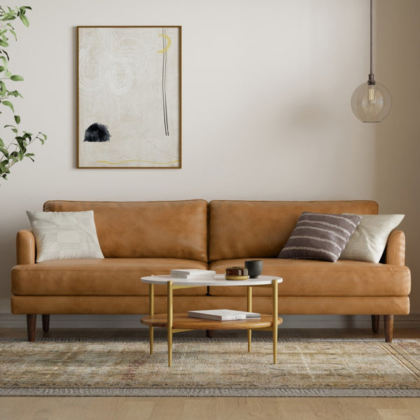 HomeRoots 90" Sienna Leather Sofa - Mid-Century Modern Design with Brown Legs for Timeless Comfort & Style 640970