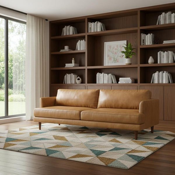 HomeRoots 90" Sienna Leather Sofa - Mid-Century Modern Design with Brown Legs for Timeless Comfort & Style 640970