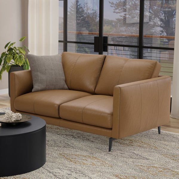HomeRoots 60" Brown Leather Sofa with Contemporary Black Metal Legs - Stylish, Comfortable Seating for 2 640971