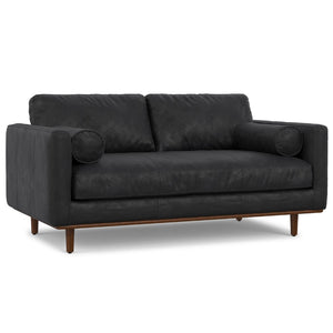 HomeRoots 72" Black Leather Sofa - Mid-Century Modern Design with Brown Legs, Tufted Back for Comfort & Style 640974
