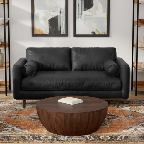 HomeRoots 72" Black Leather Sofa - Mid-Century Modern Design with Brown Legs, Tufted Back for Comfort & Style 640974