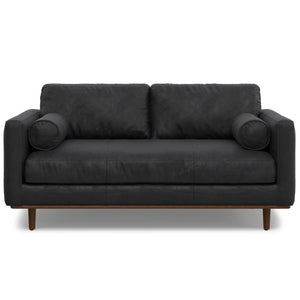 HomeRoots 72" Black Leather Sofa - Mid-Century Modern Design with Brown Legs, Tufted Back for Comfort & Style 640974