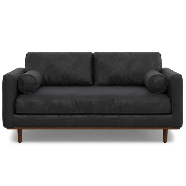 HomeRoots 72" Black Leather Sofa - Mid-Century Modern Design with Brown Legs, Tufted Back for Comfort & Style 640974