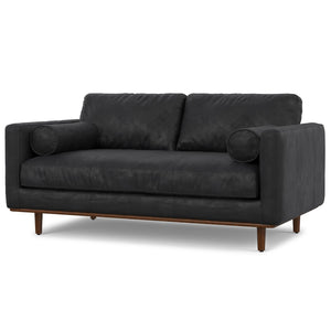 HomeRoots 72" Black Leather Sofa - Mid-Century Modern Design with Brown Legs, Tufted Back for Comfort & Style 640974