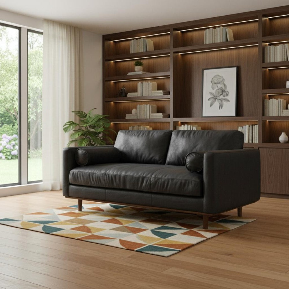 HomeRoots 72" Black Leather Sofa - Mid-Century Modern Design with Brown Legs, Tufted Back for Comfort & Style 640974