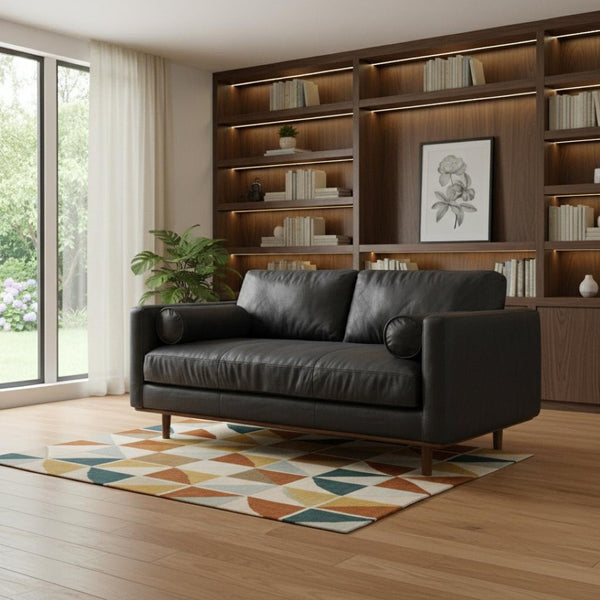 HomeRoots 72" Black Leather Sofa - Mid-Century Modern Design with Brown Legs, Tufted Back for Comfort & Style 640974
