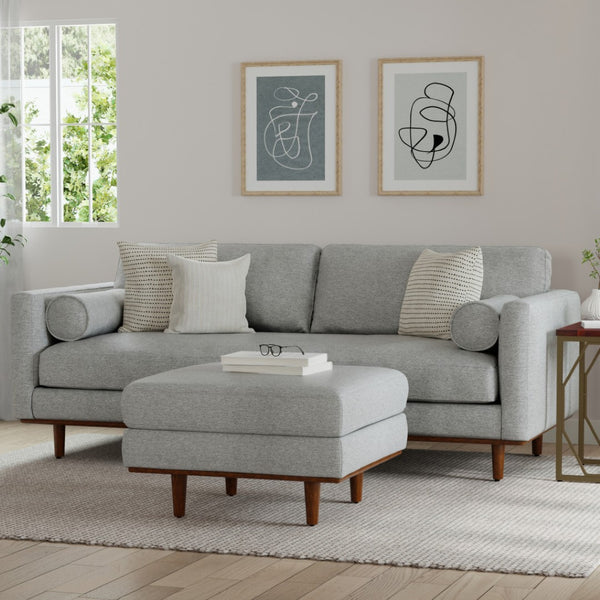 HomeRoots 89" Gray Fabric Sofa - Mid-Century Modern Design with Brown Legs, Cozy Seating for 3 People 640975